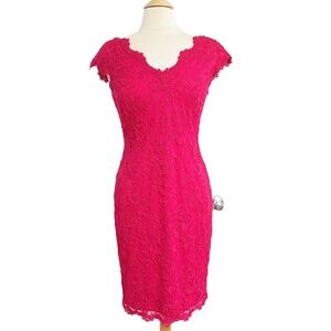 Tadashi Shoji Lace Floral Short Sleeve Mini Party Cocktail Dress Red 8 Stretchy